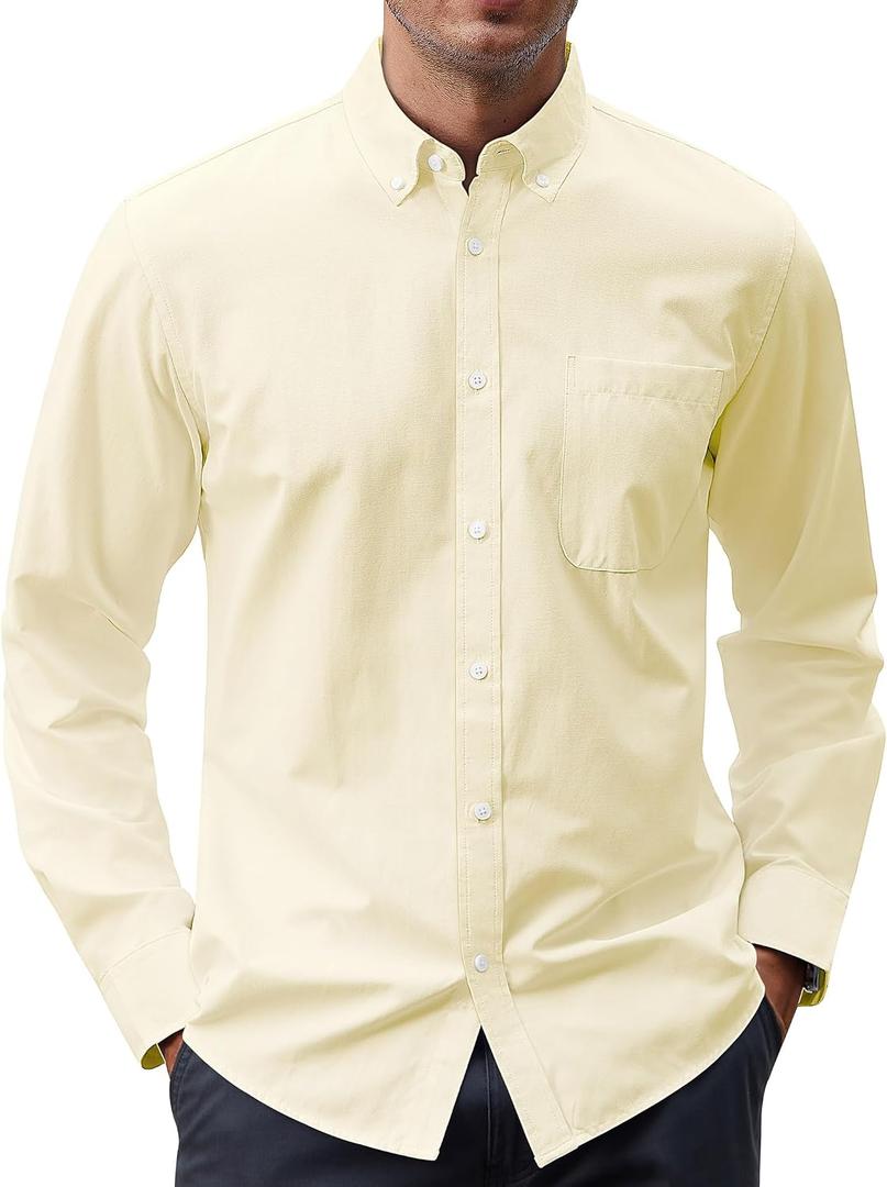 J.VER Men's Classic Oxford Button Down Shirts Solid Casual Fitted Shirt Cotton Long Sleeve Shirt with Pocket Light Yellow Large