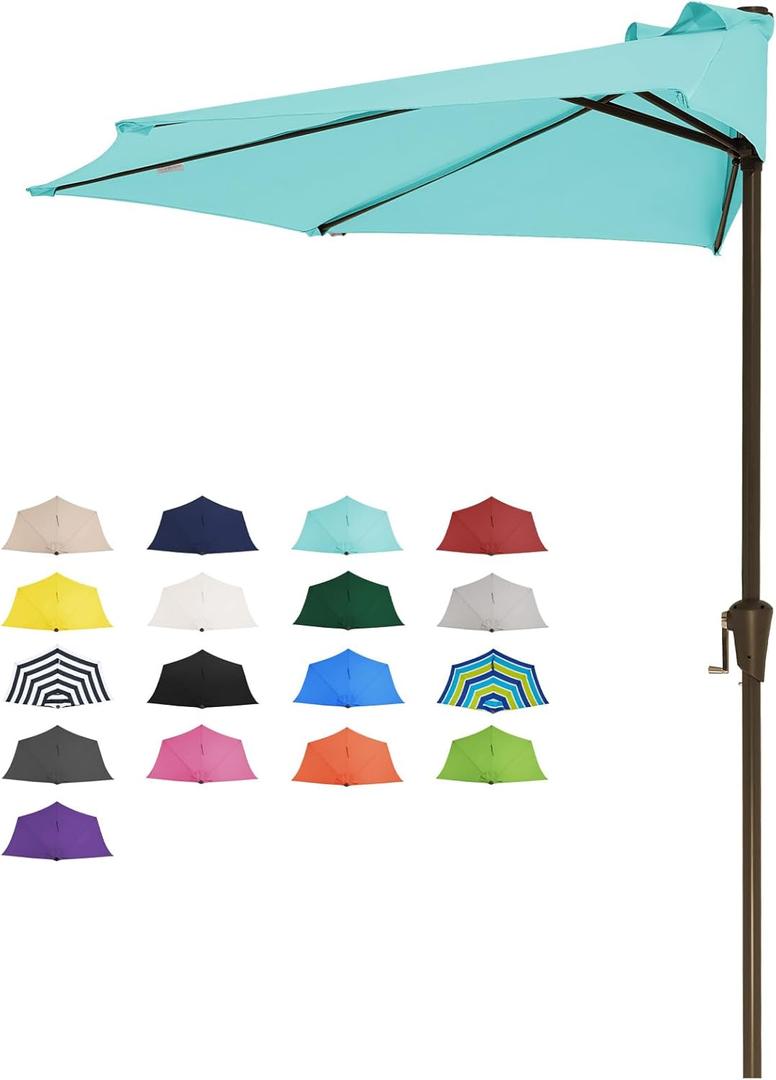 JEAREY 9ft Half Umbrella Outdoor Patio Umbrella Market Umbrellas with Crank, 1/2 Round Wall Umbrella 5 Sturdy Ribs UV Protection for Pool Garden Balcony Deck, Teal Blue