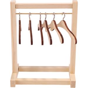 Doll Garment Rack with Hangers, Wooden Mini Clothes Rack with 6pcs Hangers for 17cm Doll Mini Closet Wardrobe Furniture Accessories for Dollhouse Supplies(Wood Color)