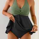 Aidonger Halter Women's Tankini Swimsuits Tummy Control Two Piece Swim Dress Bathing Suits Flowy Swim Top with Short Army Green, Black, XL 