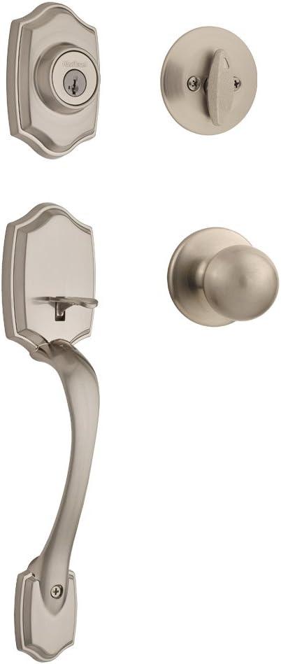 Kwikset Belleview Front Door Lock Handle and Deadbolt Set, Entry Handleset Exterior with Interior Door Knob, Satin Nickel, Pick Resistant SmartKey Rekey Deadbolt Security