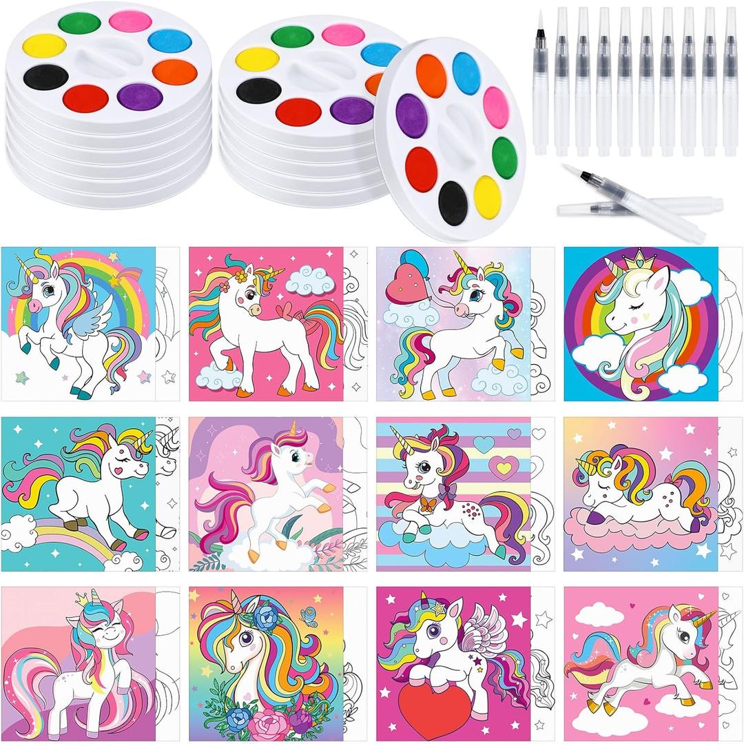 Lincia 12 Set Unicorn Pre Printed Canvas Pre Drawn Canvas Painting Kit with Pen and Paints Outline Painting Panels Gift for Beginners, DIY Craft Project, Christmas Birthday Party Favor, Home Decors