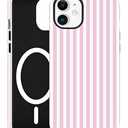 Jusy Compatible with MagSafe Striped Phone Case for iPhone 12/12 Pro, Cute Aesthetic Magnetic Soft TPU and Hard PC Protective Phone Cover for Women Girls (Matte) - Pink and White