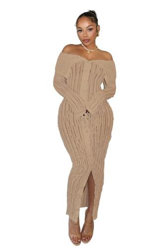 AIBUSIS Womens Sexy Off Shoulder Maxi Dress Pleated See Through Flare Sleeve Button Down Slit Bodycon Long Dresses XL