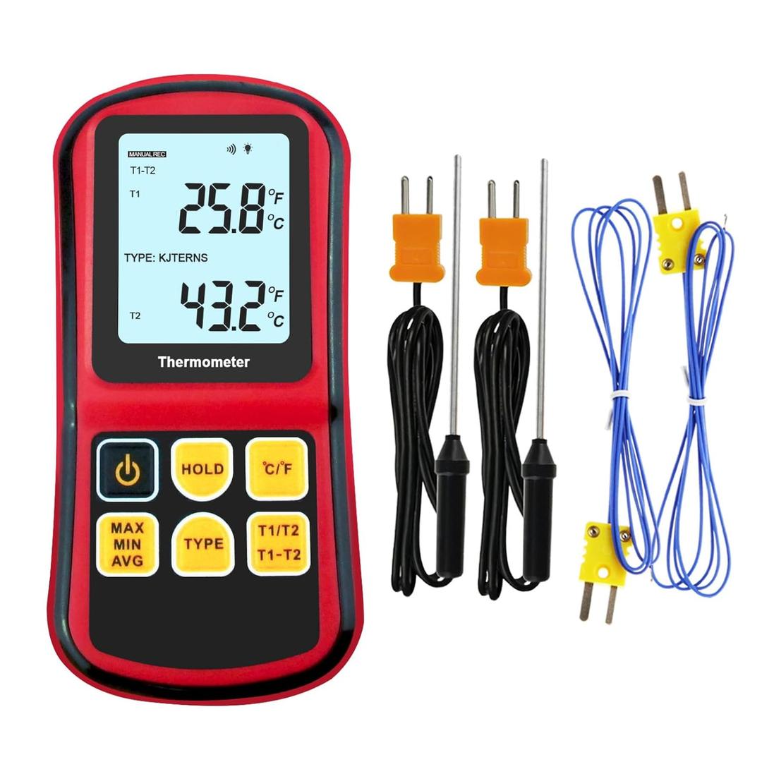 Thermocouple Thermometer Digital K Type Thermocouple,Dual Channel Thermocouple Tester(-238~3212) with 4 K-Type Thermocouples LCD Display Temperature Tester for K/J/T/E/R/S/N Type