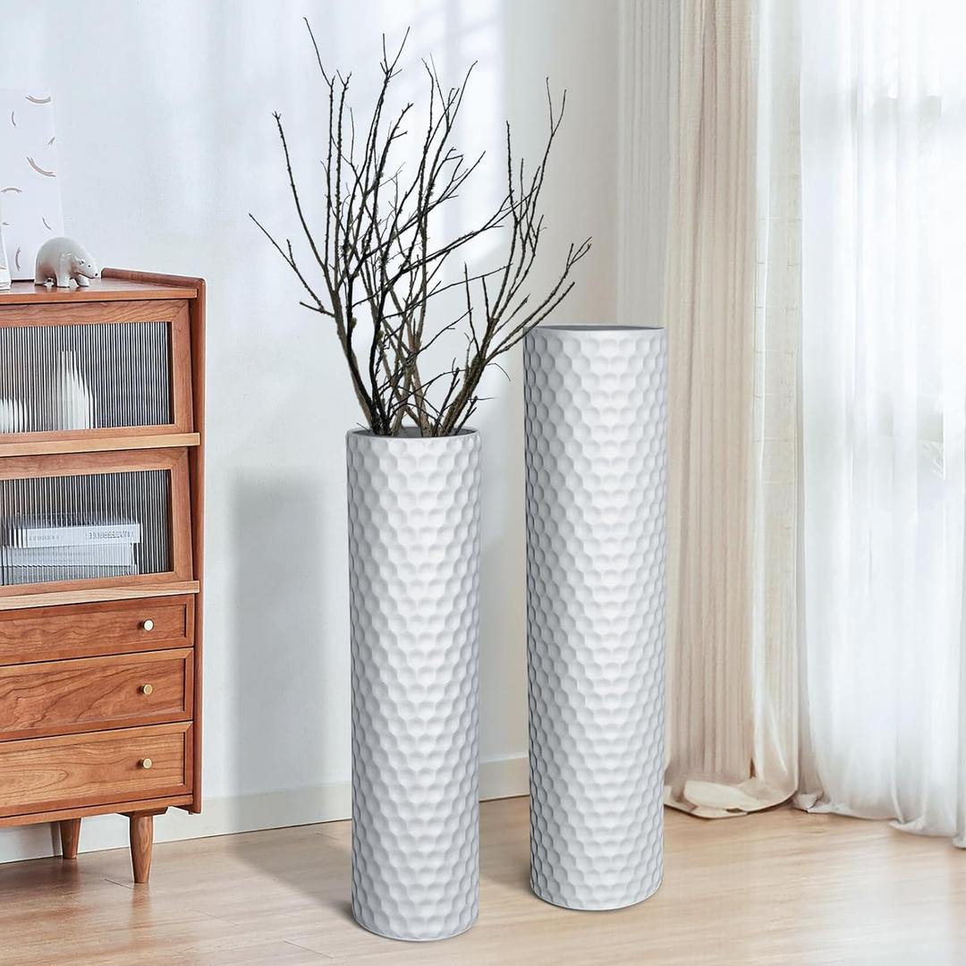 White Tall Vases for Floor: 27.7 Inch Extra Large Decorative Vases for Living Room Modern Metal Floor Vase with Honeycomb Texture Big Standing Vase for Dining Corner Home Hallway Set of 2