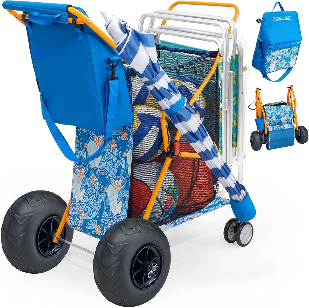 Old Bahama Bay Heavy Duty Beach Cart with 9 Balloon Wheels, All-Terrain Sand Wagon Replacement, Inflatable Big Wheels for Soft Sand, Foldable Beach Gear Carrier with Cooler & Umbrella Holder, 100lbs