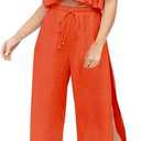 FANCYINN Womens 2 Pieces Outfits Deep V Neck Crop Top Side Slit Drawstring Wide Leg Pants Set Jumpsuits (Small, Orange)