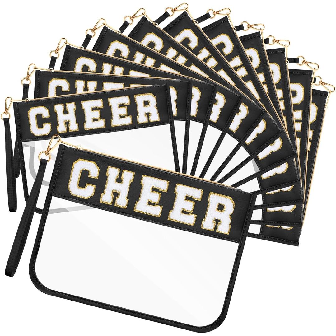 Abbylike 12 Pcs Snack Bags Clear Chenille Letter Cheer Zipper Pouch Waterproof PVC Large Travel Makeup Cosmetic Storage Organizer Bag for Mom Team Cheerleaders Teacher (Black)