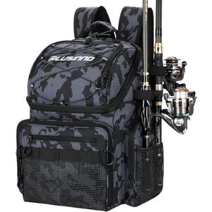 PLUSINNO Cooler Fishing Backpack with Rod Holders 45L Large Water-resistant Fishing Tackle bag Store Fishing Gear Fishing Gifts for Men Father, Sport Bags (Black Camo)
