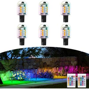 RGB T5 T10 Wedge Base LED Light Bulbs 12V Color Changing, Warm White+15 Multi-Colors and Dimmable on Remote Control, Weatherpoof for Outdoor Low Voltage Landscape Lighting 6-Pack