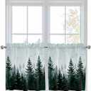 Pine Tree Forest Kitchen Curtain 24 Inch Length Small Short Cafe Tiers Curtains Drape, 2 Panel Window Treatment Rod Pocket Drapery Panels Curtains, Green Landscape Nature Decor 55x24