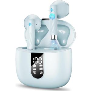 Wireless Earbuds, 2024 Bluetooth Headphones V5.4 Ear Buds Built-in ENC Noise Cancelling Mics, 40H Stereo Bass Bluetooth Earbuds with Dual LED Display, IP7 Waterproof Earphones for Android iOS, Green