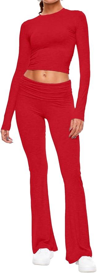 AnotherChill Women's 2 Piece Lounge Sets Fold-over Flare Pants Set Long Sleeve Cropped Top Casual Outfits Pajamas Size L