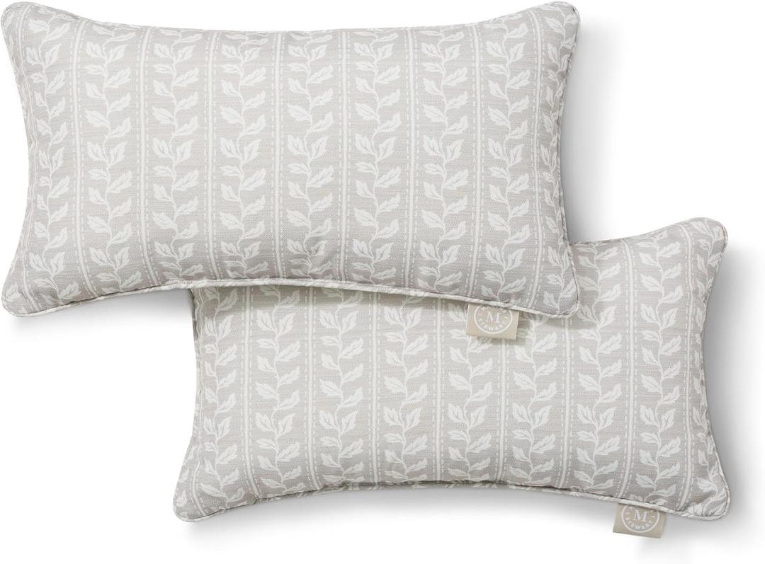 Martha Stewart Vineyard Vines Indoor Outdoor Decorative Lumbar Pillow 2-Pack Set, UV Fade Resistant, Water Repellent, Printed Garden Design, Warm Grey, 11"x18"