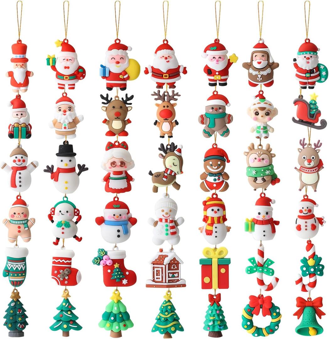 42 Pcs Middle Christmas Rubber Ornaments, 3D Shaped Xmas Tree Ornaments Decorations Snowman Santa Claus Hanging Ornaments with Strings for Christmas Trees Decoration