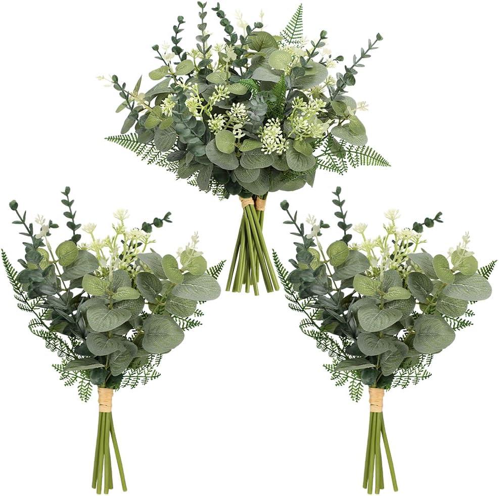 Mixed Artificial Eucalyptus Stems Bulk 3pcs 5 Kinds Faux Silver Dollar Eucalyptus Fern Leaves Picks Artificial Greenery Stems Sprays Bouquet for Vase DIY Wedding Bouquet Floral Arrangement Home Decor