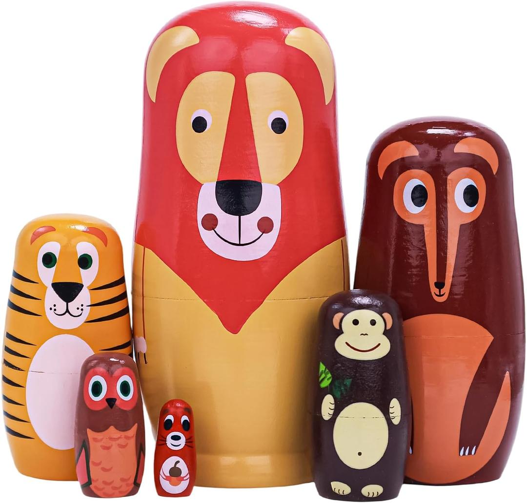 Russian Nesting Dolls, 6 Pcs 6 "Tall Animal Nesting Easter Eggs Toys, Stacking Wooden Handmade Matryoshka Dolls for Kids Toddlers Birthday or Home Decoration Gift (Long Lion)
