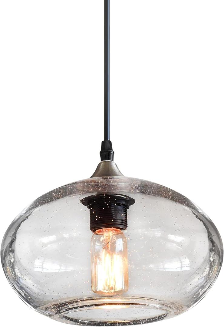 ARIAMOTION Pendant Lights Kitchen Island Hand Blown Glass Hanging Light Fixtures Modern Rustic Clear Seeded Bubble Sink Coffee Table Bedroom Dining Room Oval Lamp 9.4 inch Diam