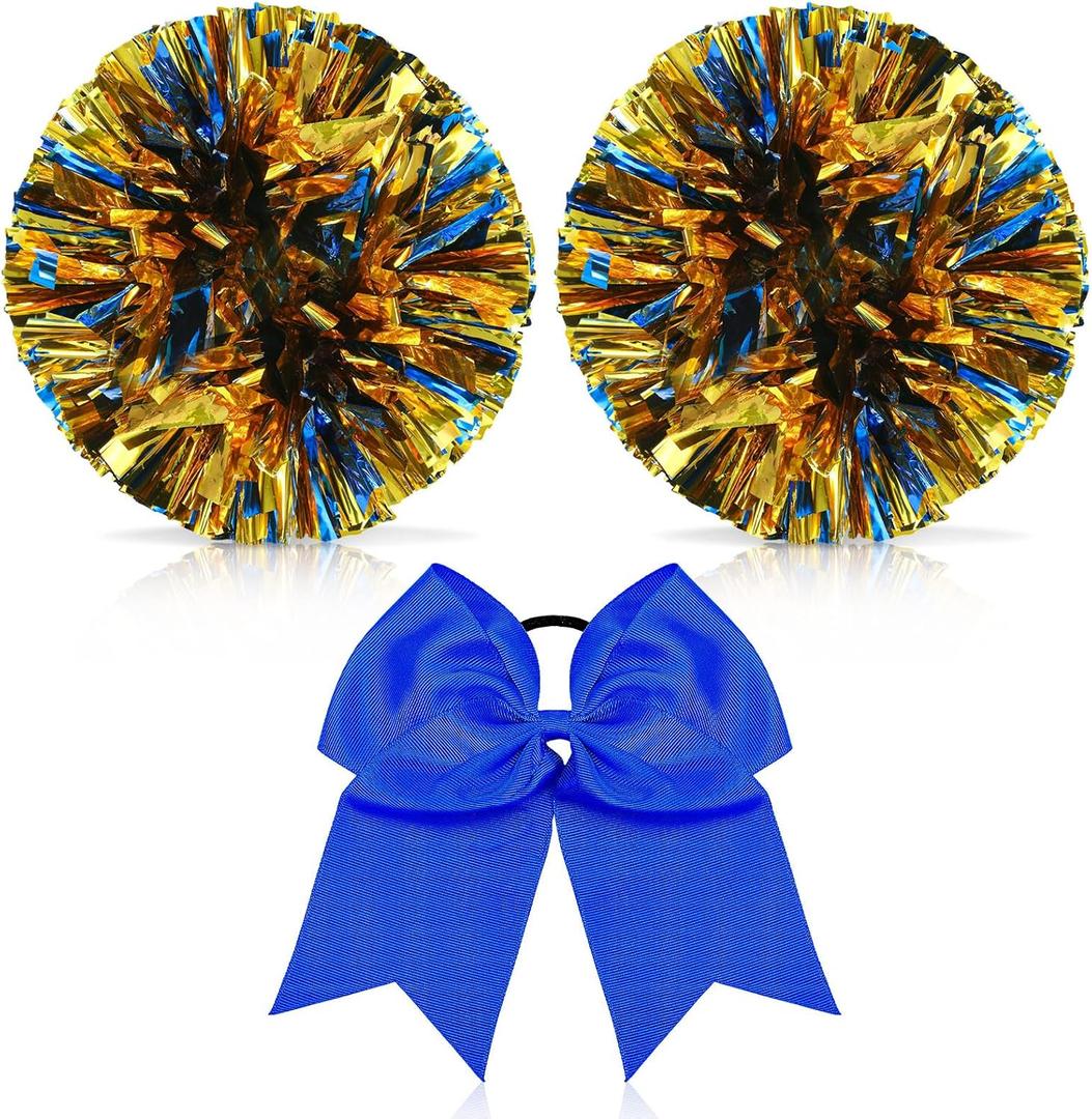 Hanaive 3 Pcs Cheerleading Pom Poms and Large Cheerleader Hair Bow Metallic Cheer Supplies for Team Spirit Sports Dance Cheering (Blue Mixed Gold)