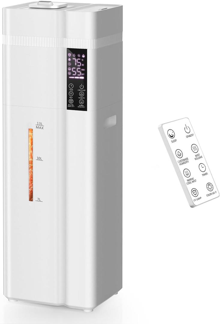 13L/3.4Gal Humidifiers for Bedroom, Ultrasonic Warm & Cool Mist Humidifier Large Room, Covers 800ft, 72H Runtime, 24H Timer, 3 Mist Modes Top Fill Quiet Humidifiers for Home, Office, White