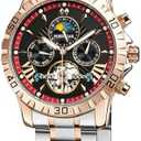 FORSINING Men Automatic Mechanical Watch, Luxury Tourbillon Moon Phase Self Winding Watch, Luminous Dial Week Date Dual Display Rose Gold Dress Wrist Watch
