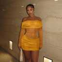 Women Sexy Off Shoulder Bodycon Mini Dress Mesh Sheer Ruched Sparkly Flared Long Sleeve Y2K Dress Club Night Out Dresses (Yellow, XS)