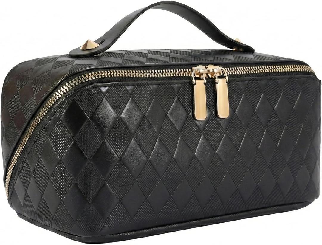 Large Capacity Travel Cosmetic Bag - Portable Makeup Bags for Women Waterproof PU Leather Checkered Makeup Organizer Bag with Dividers and Handle,Toiletry Bag for Cosmetics (EXP 12/31/26)