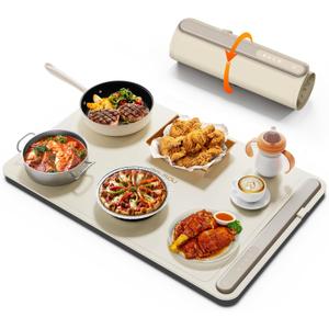Electric Warming Tray - Full Surface Heating,Rollable & Portable,Premium Silicone Nano-Material,3 Temperature Settings,Auto Shut-Off -Versatile Food Warmer for Gatherings,Parties,Everyday Use (Large, Beige)