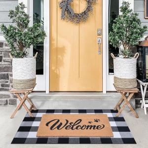 Welcome Door Mats Combo Set, 100% Coco Coir Front Doormat with Cute Pet Paw Prints + 28" x 43" Black and White Plaid Rug, Spring Easter Porch Entryway Decor Indoor Outdoor Floor Mats