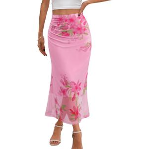 MEROKEETY Women's Summer Floral Mesh Midi Skirt 2026 Casual Trendy High Waist Ruched Boho Skirts (Medium, Pink)