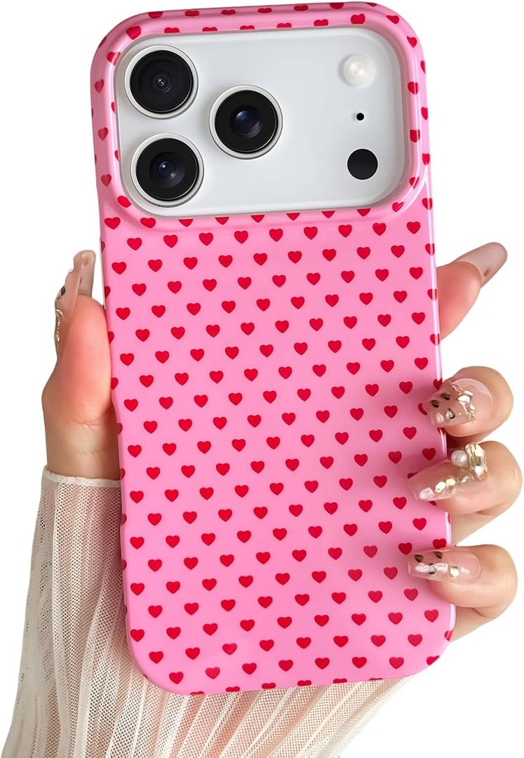 Skyseaco for iPhone 17 Pro Max Case Cute Heart Phone Case Soft Slim TPU Shockproof Phone Cover for Women Girls - Red and Pink