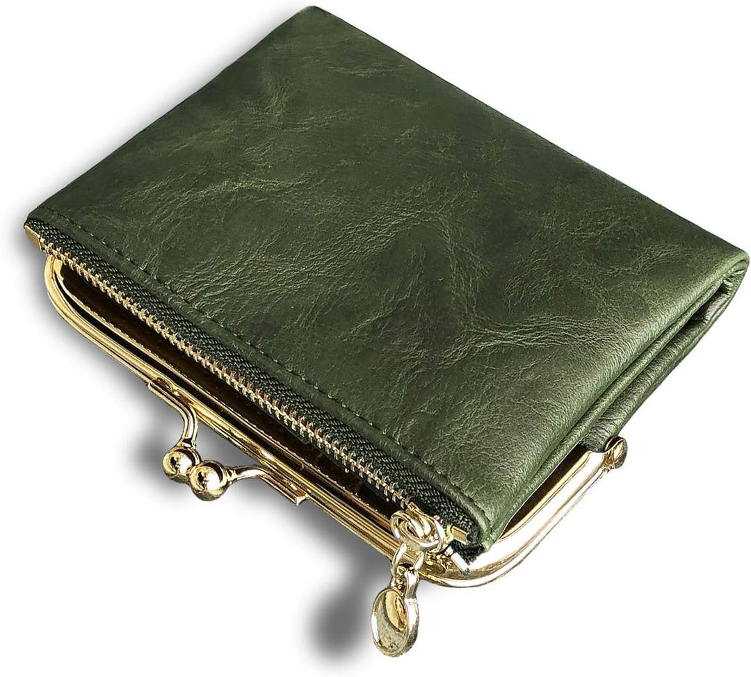 AOXONEL Womens Wallet Small Rfid Ladies Compact Bifold Leather Vintage Coin Purse With Zipper and Kiss Lock (Green)