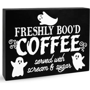 Gift Boutique Halloween Coffee Sign  Freshly Bood Coffee Served with Scream and Sugar Black Wooden Tabletop Plaque for Kitchen, Cafe, Party Decor