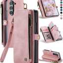 Defencase Wallet Case Compatible with Samsung Galaxy Z Fold 6 with RFID Blocking Card Holder & S Pen Holder PU Leather Magnetic Snap Flip Zipper Strap Phone Case Fit for Galaxy Z Fold 6, Rose Pink