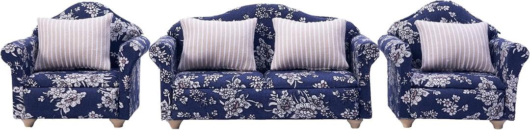 1 12 Scale Doll House Furnitures 3pc Sofa Miniature Dollhouse Toy Parlor Bedroom Decoration AccessoriesBlue-White Flower Sofa