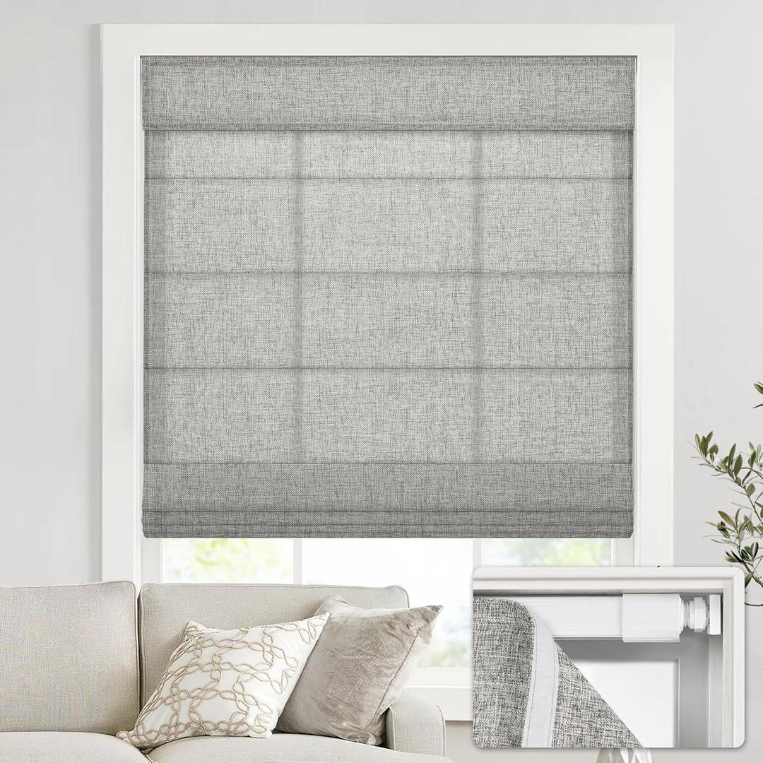 UNISHADES no Drill Cordless Roman Shades for Windows, 34" W 64" H - Light Filtering - Linen - Grey