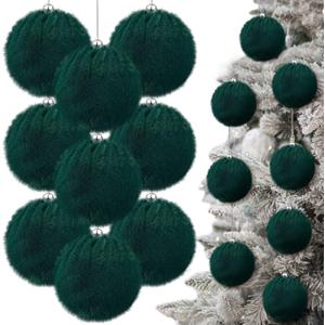 15 Pcs 3.54 in Christmas Dark Green Ball Ornaments for Xmas Tree Large Soft Faux Fur Hanging Pom Pom Furry Ball Ornaments for Vintage Christmas Home Fireplace Mantel Holiday Party Decor