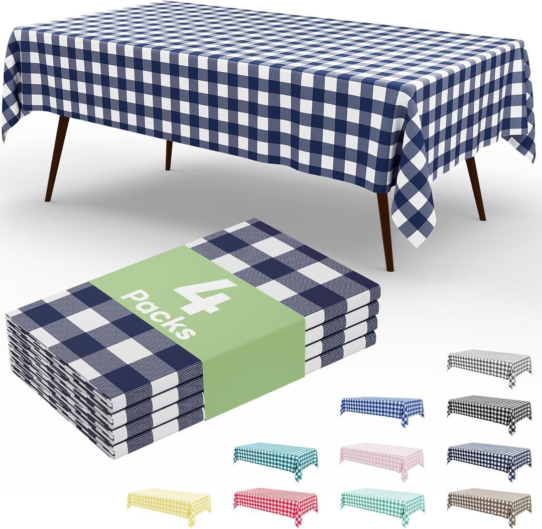 misaya 4 Packs Buffalo Disposable Table Cloth, 54 x 108 Inch Waterproof Plastic Tablecloth, Rectangle Navy and White Checkered Table Covers for Picnic, Birthday, Party