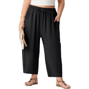 OLRIK Plus Size Pants for Women Wide Leg Cropped High Waisted Flowy Lightweight Pull On Loose Fit Summer Palazzo Pants (Size 2X)