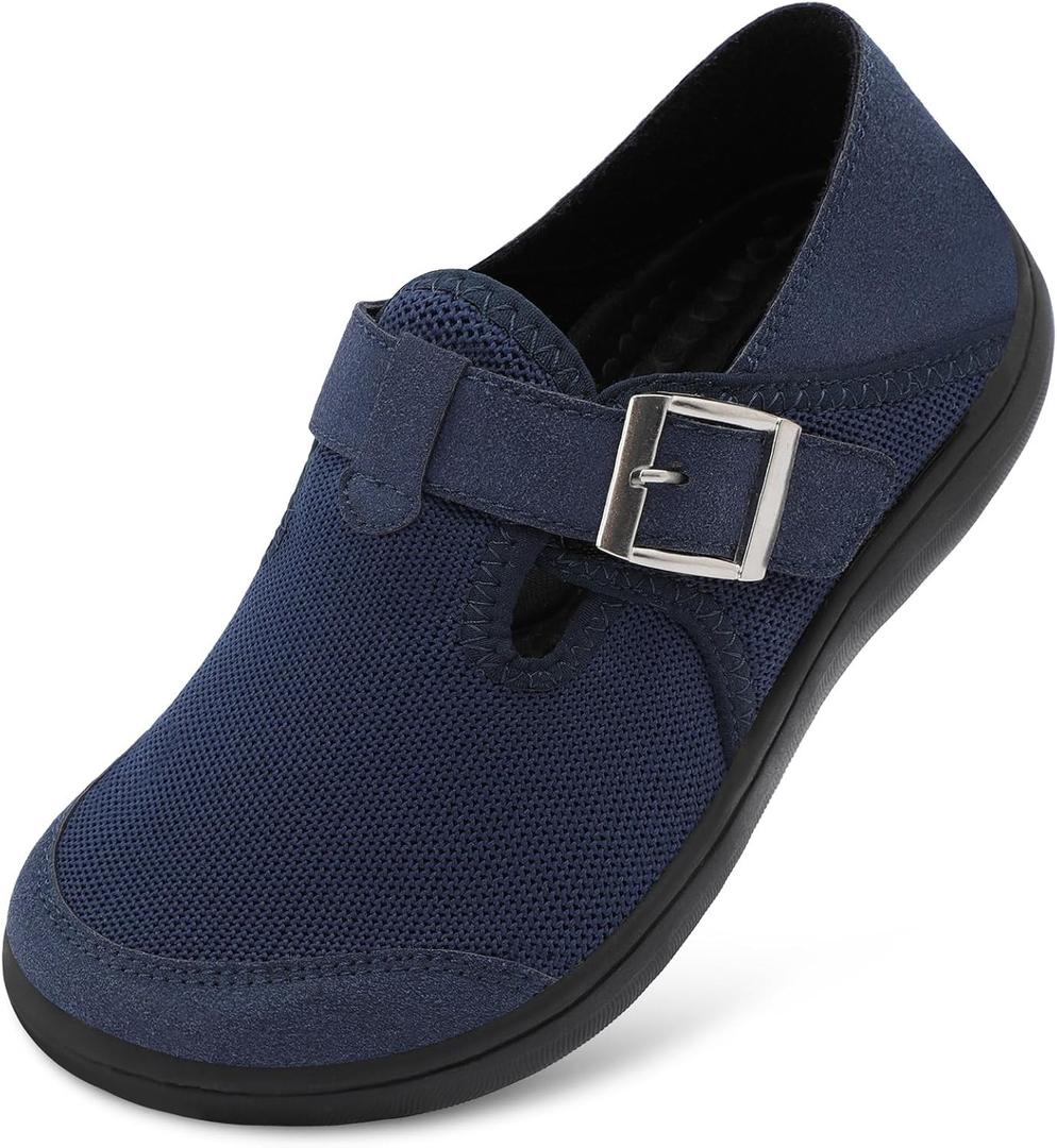 XIHALOOK Womens Walking Shoes Wide Toe Barefoot Shoes Zero Drop Minimalist Loafer with Adjustable Strap Slip on Clogs (Navy) 9 wide