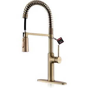 Brushed Gold Kitchen Sink Faucets, Commercial High Arc Single Handle Kitchen Faucets for Pull Down Sprayer Modern Spring with Deck Plate 22 inch