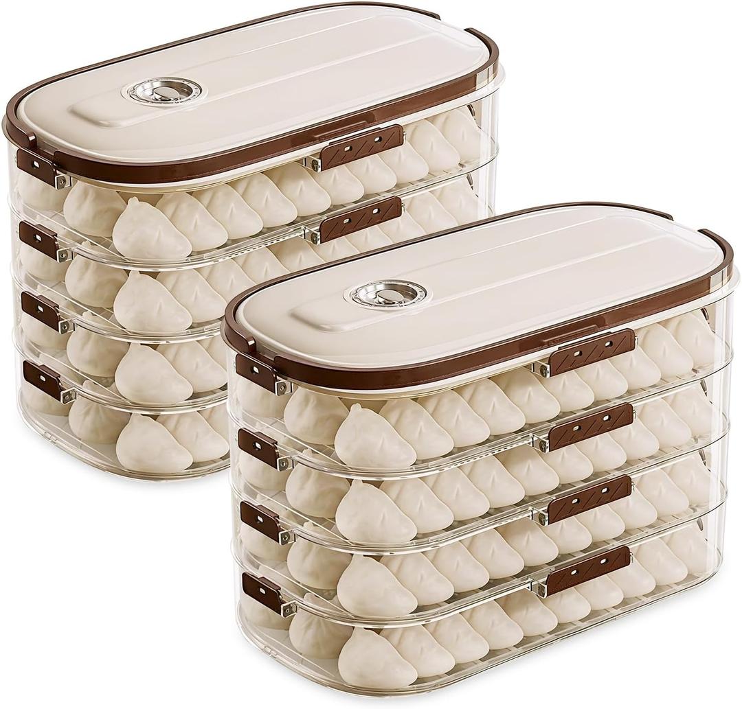 2 PCs Dumplings Storage Boxes with 4 Layers, 1.57in Net Height Per Layer, Stackable with Buckle, Lid & Handle for Cookies, Wonton, Donuts Box Organizer For Fridge