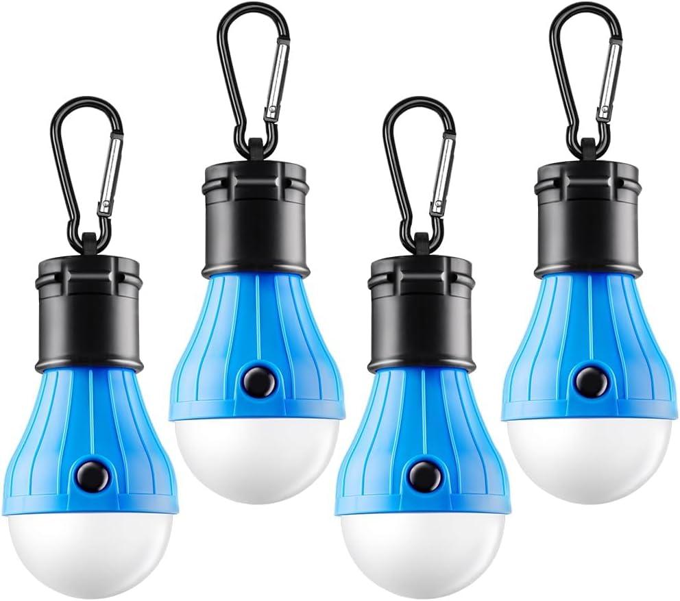 FLY2SKY Tent Lamp Portable LED Tent Lights Blue 4 Packs Hook Hurricane Emergency Lights LED Camping Lights Bulb Camping Tent Lanterns Camping Equipment for Camping Hiking Backpacking Fishing Outage