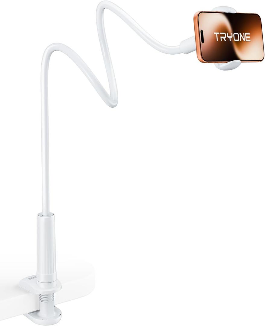 Tryone Gooseneck Phone Holder Stand for Bed Flexible Arm Adjustable Cell Phones Mount Clamp on Desk Bedframe Compatible with iPhone 14 Pro Max 13 12 11 X SE Series/Samsung S22 or Other 4"-7" Devices