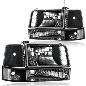 LED Headlights for 1992 1993 1994 1995 1996 Ford F150/F250/F350/Bronco Headlamp w/LED Bar Pair of Driver Left & Passenger Right Side Black Housing Clear Reflector