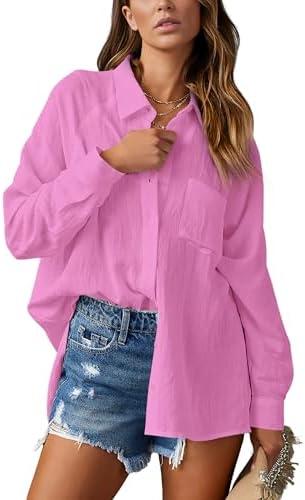 AISEW Womens Casual Button Down V Neck Shirts Raglan Long Sleeve Loose Fit Collared Work Blouses Tops with Pocket M
