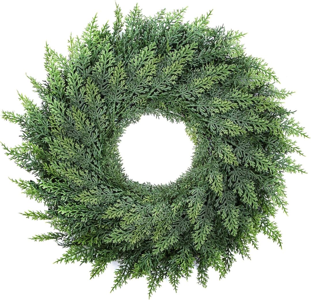 Small Greenery Cedar Wreath - 22" Artificial Real Touch Wreath for Front Door Windows Outdoor Indoor Decor Weatherproof Traditional Holiday Decorations