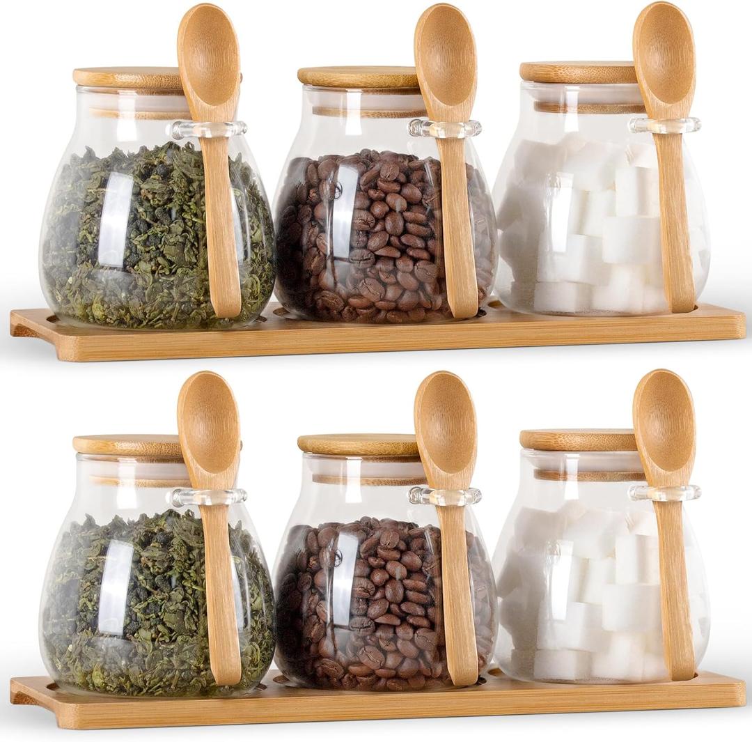 Glass Spice Storage Container with Spoon, 6PCS 12oz Airtight Sealed Condiment Jar with Tray, Kitchen Pantry Seasoning Canister Set for Salt Coffee Sugar Tea, Small Canister Set for Kitchen (6PCS with Tray and Spoon)