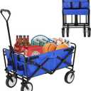 Foldable Outdoor Wagon - Heavy Duty Beach Wagon All-Terrain Utility Cart with Wheels, Adjustable Handle Grocery Cart for Beach, Camping, Sports, Shopping - Blue